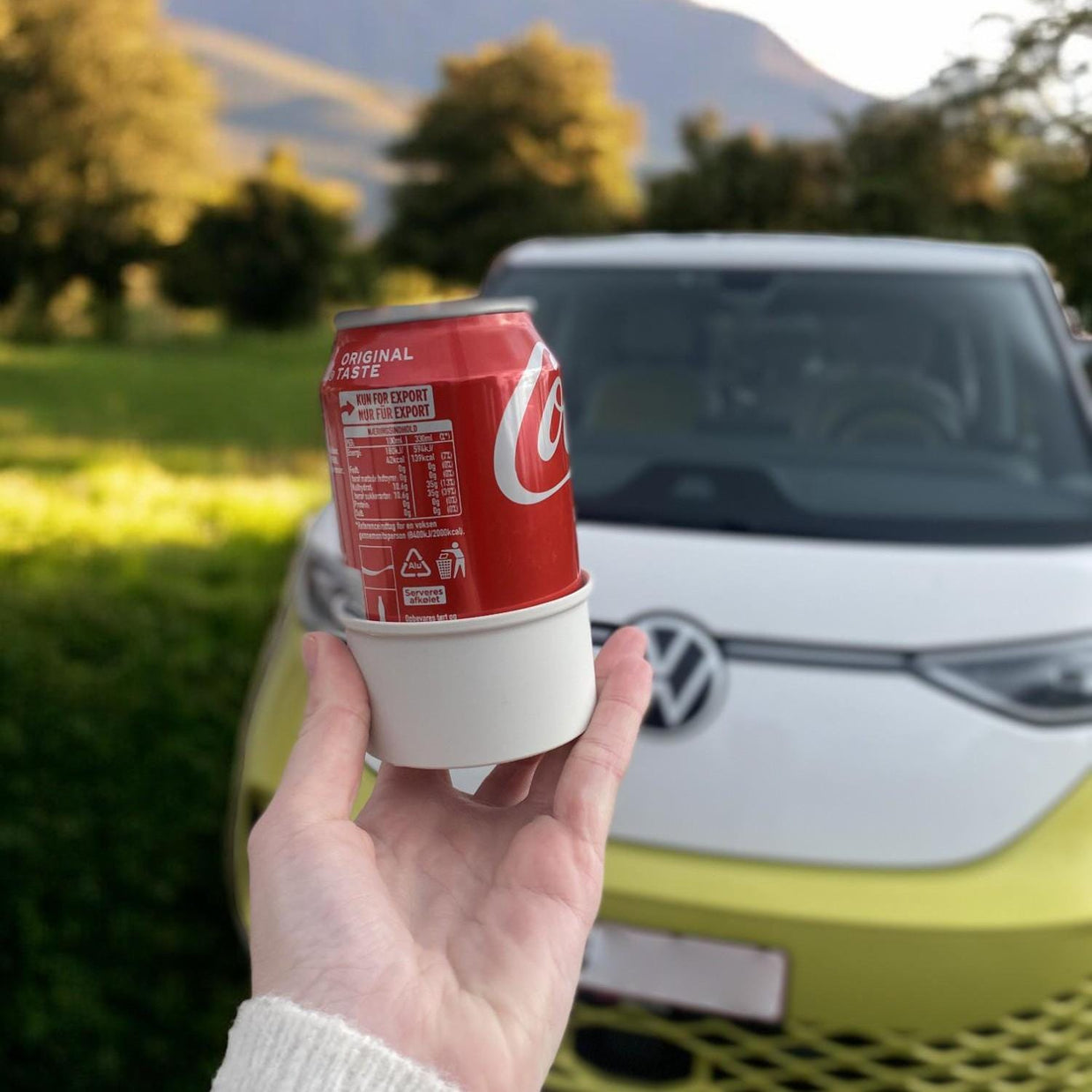 3D printed cup holder insert for ID. Buzz, snug fit drink stabilizer in rear tray table, fits 330ml can, van life accessory, custom organizer for electric camper van, PLA print by 3DLabCS, eco friendly car upgrade